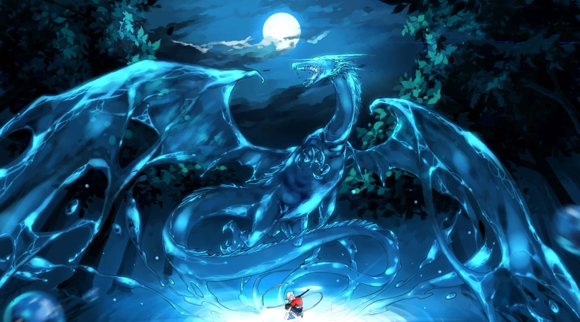 龍 桌布 壁紙 — 一條發光的藍色水龍在滿月下翱翔，而一個小戰士站在夜晚的森林下方。