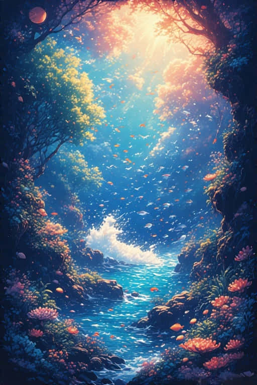 Stunning Sea Anime Realism Precisionist Art 壁紙 — 一條發光的藍色河流流經森林峽谷，陽光穿透上方的樹冠，魚兒在水中游動。