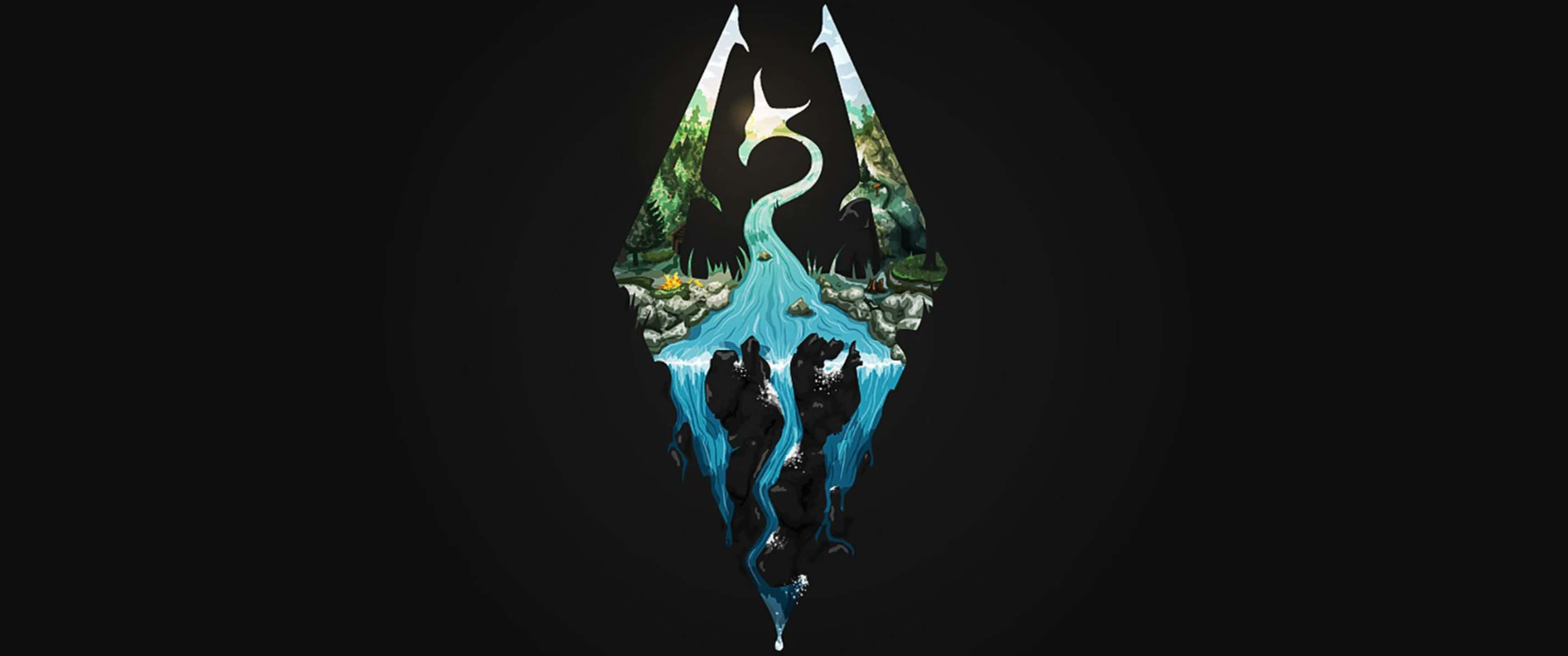 3440x1440p The Elder Scrolls V Skyrim 桌布 壁紙 — 一條發光的藍色河流流過鑽石形狀的森林場景，背景為黑色。