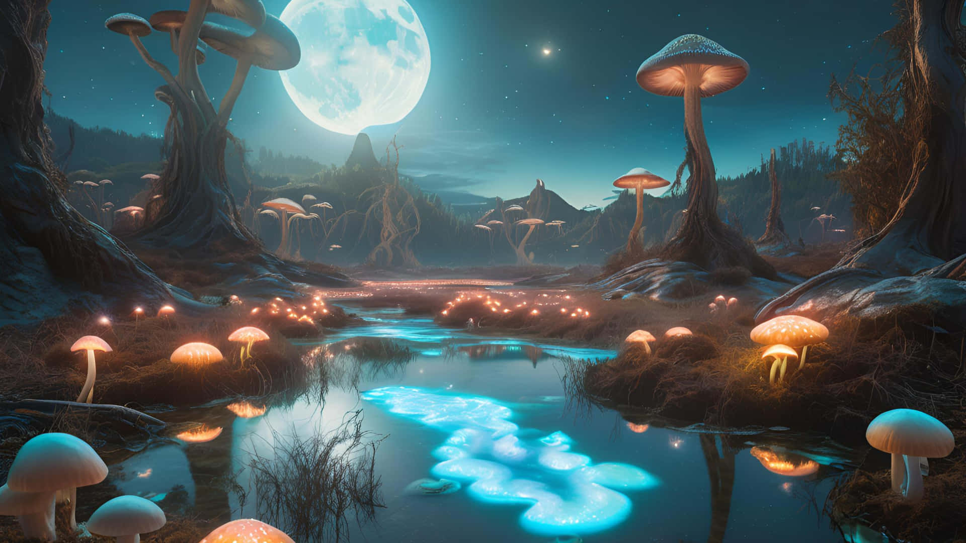 Surreal Bioluminescent Landscape with Twin Moons 壁紙 — 一條發光的藍色河流蜿蜒穿過神秘巨菇森林，滿月高掛夜空。