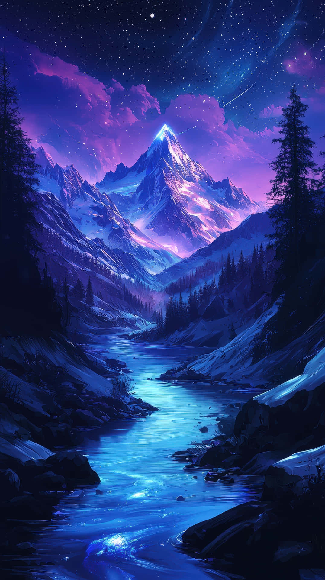 A breathtaking fantasy landscape featuring a majestic snow-capped mountain under a starry sky 壁紙 — 一條發光的藍色河流蜿蜒穿過積雪的山脈，在繁星點點的紫色和藍色夜空下。