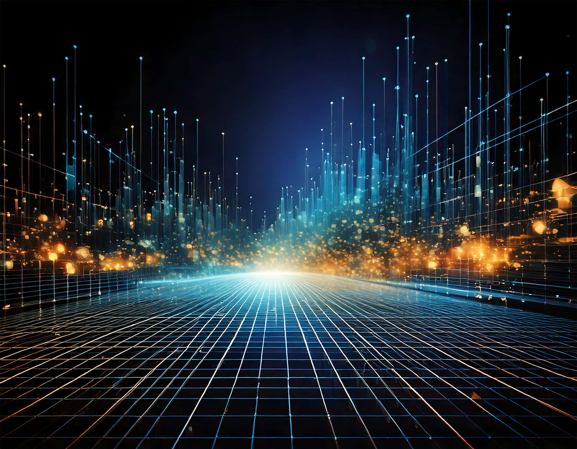 Futuristic Business Grid 壁紙 — 一條發光的藍色網格道路延伸至未來城市景觀，垂直光線和金色散景燈光映襯著黑暗的天空。