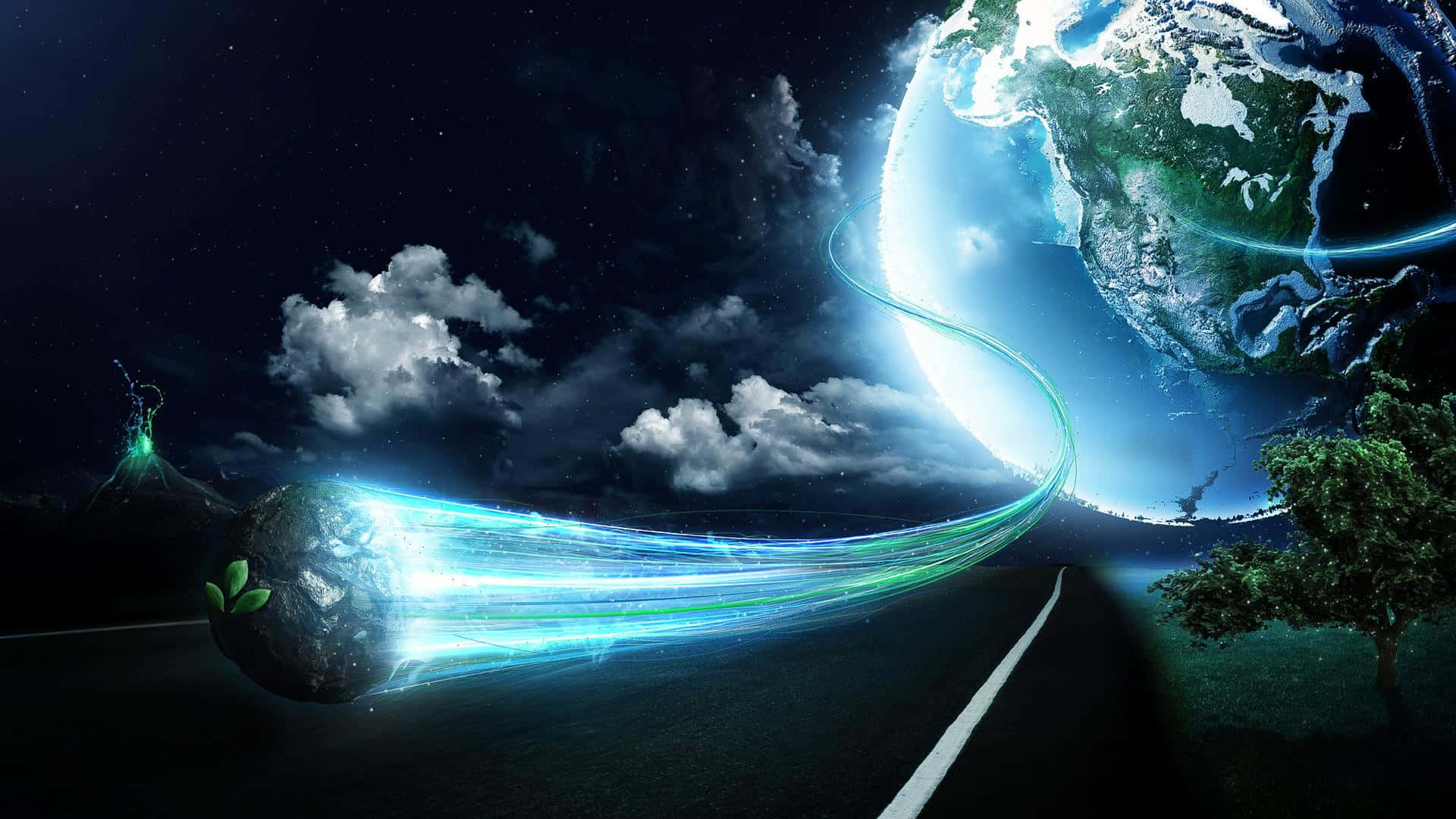 酷炫太空 桌布 壁紙 — 一條發光的藍色能量軌跡穿過有雲的星空夜空，將一棵樹根星球連接到地球。