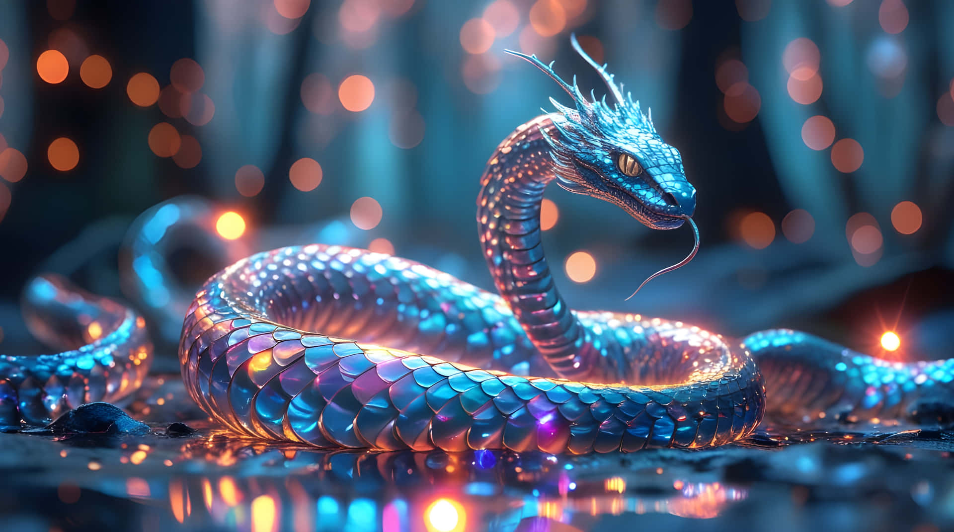 A beautiful majestic snake 壁紙 — 一條發光的藍色金屬龍蛇在潮濕的表面上優雅地盤繞，反射出神秘森林中溫暖的散景燈光。