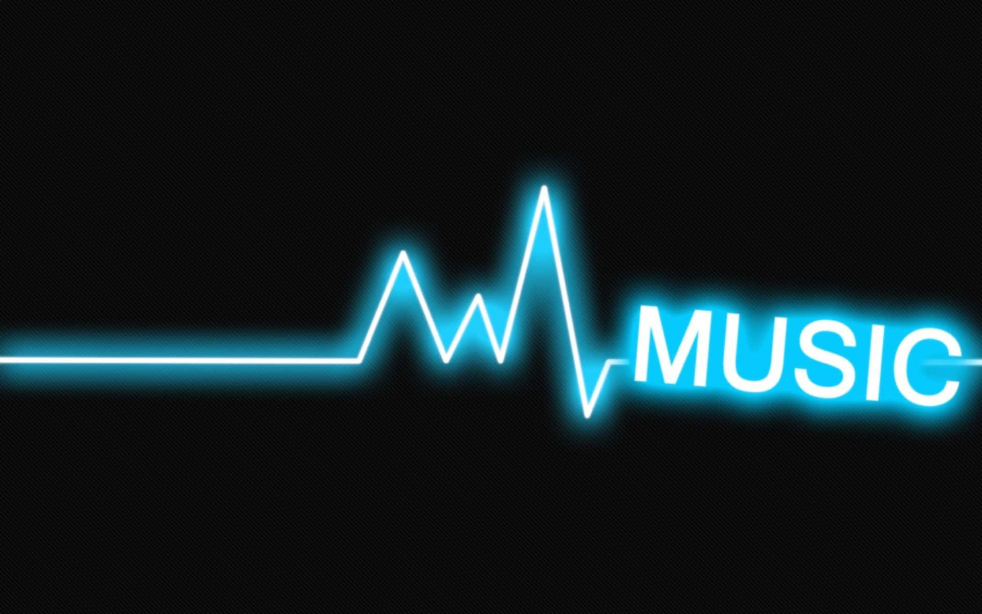 Musical 桌布 壁紙 — 一條發光的藍色霓虹心跳線在黑色背景上脈動，並帶有匹配霓虹色的「MUSIC」字樣。