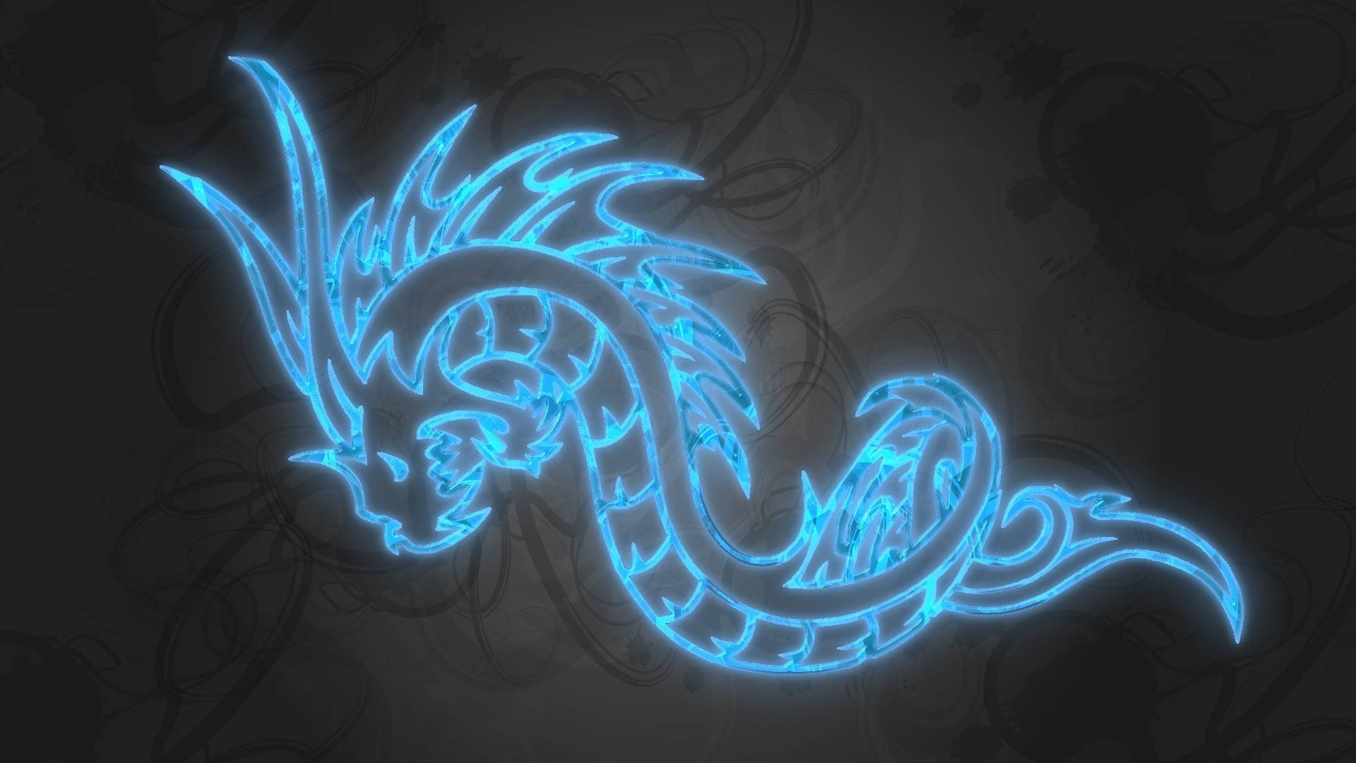Water Dragon 桌布 壁紙 — 一條發光的藍色霓虹龍，帶有複雜的部落圖案，在黑暗旋轉的背景上動態盤繞。