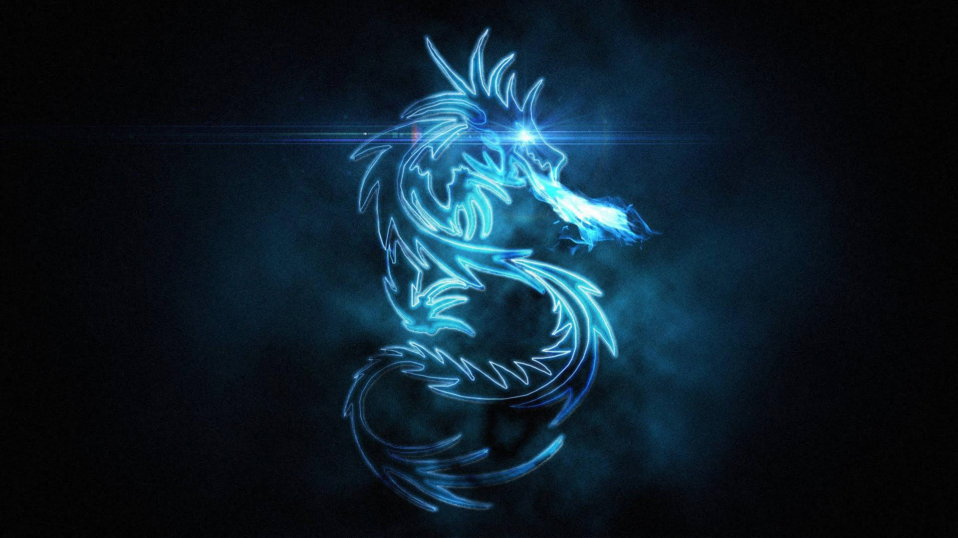Cool Neon Blue 桌布 壁紙 — 一條發光的藍色霓虹龍，帶著熾熱的氣息，從煙霧繚繞的黑暗中以數位藝術風格出現。