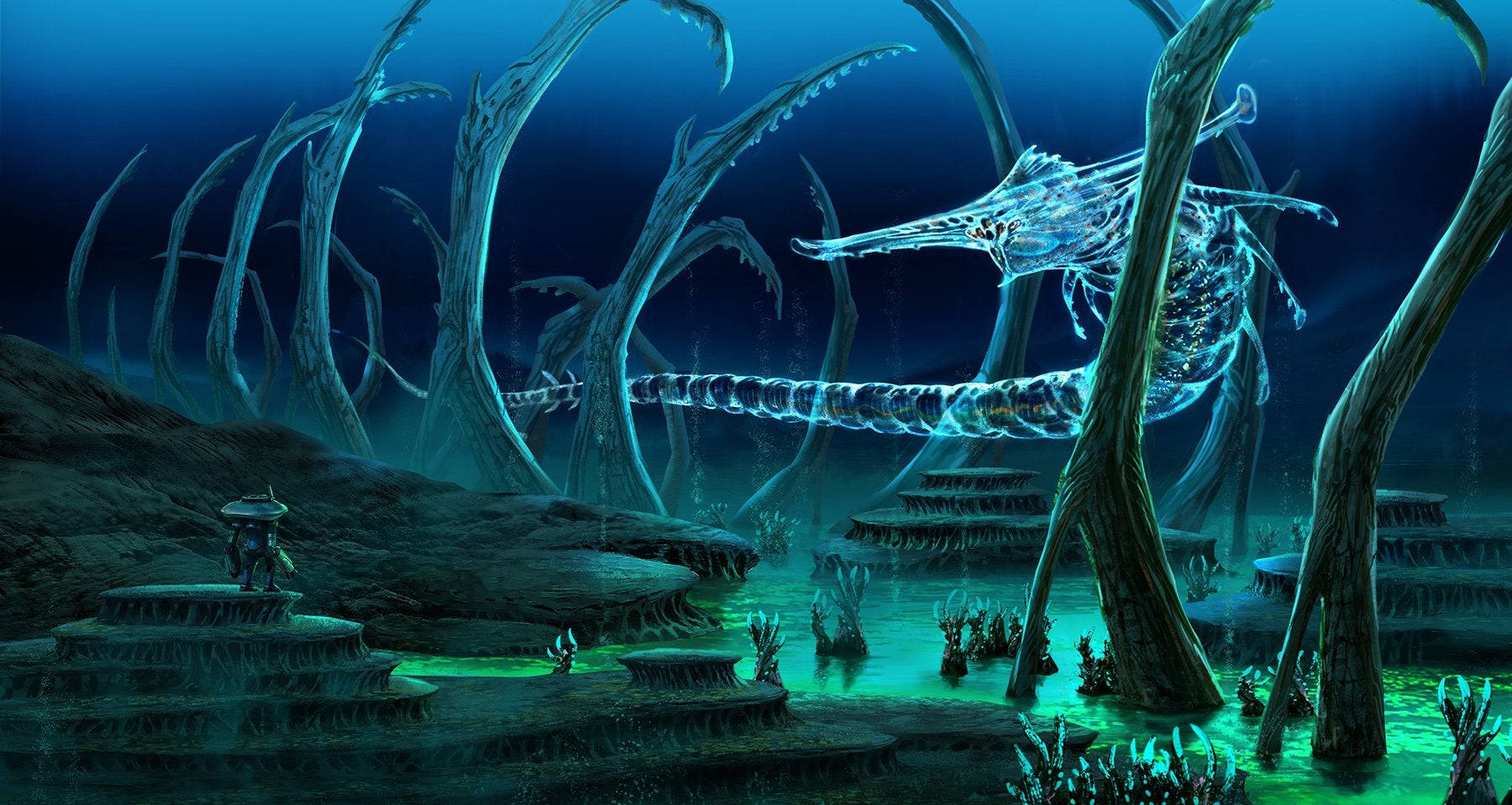 ghost leviathan 桌布 壁紙 — 一條發光的藍色骷髏龍在神秘的水下遺跡上空翱翔，遺跡中有扭曲的樹木和發光的綠色水池。