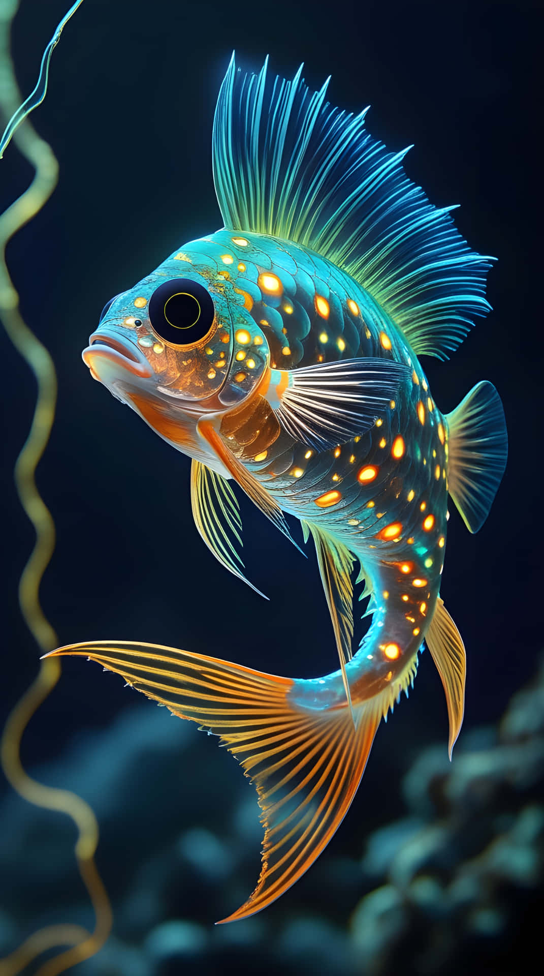 A beautiful big fish 壁紙 — 一條發光的藍色魚，帶有發光的橙色斑點和流動的鰭，在深海黑暗中優雅地游近金色海藻。