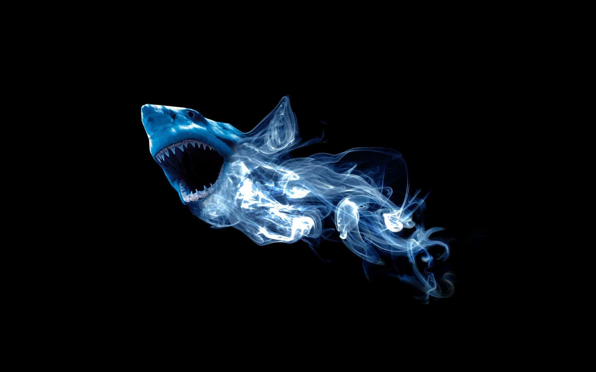 超酷的動圖 桌布 壁紙 — 一條發光的藍色鯊魚，由旋轉的煙霧形成，張開嘴巴，背景為黑色。