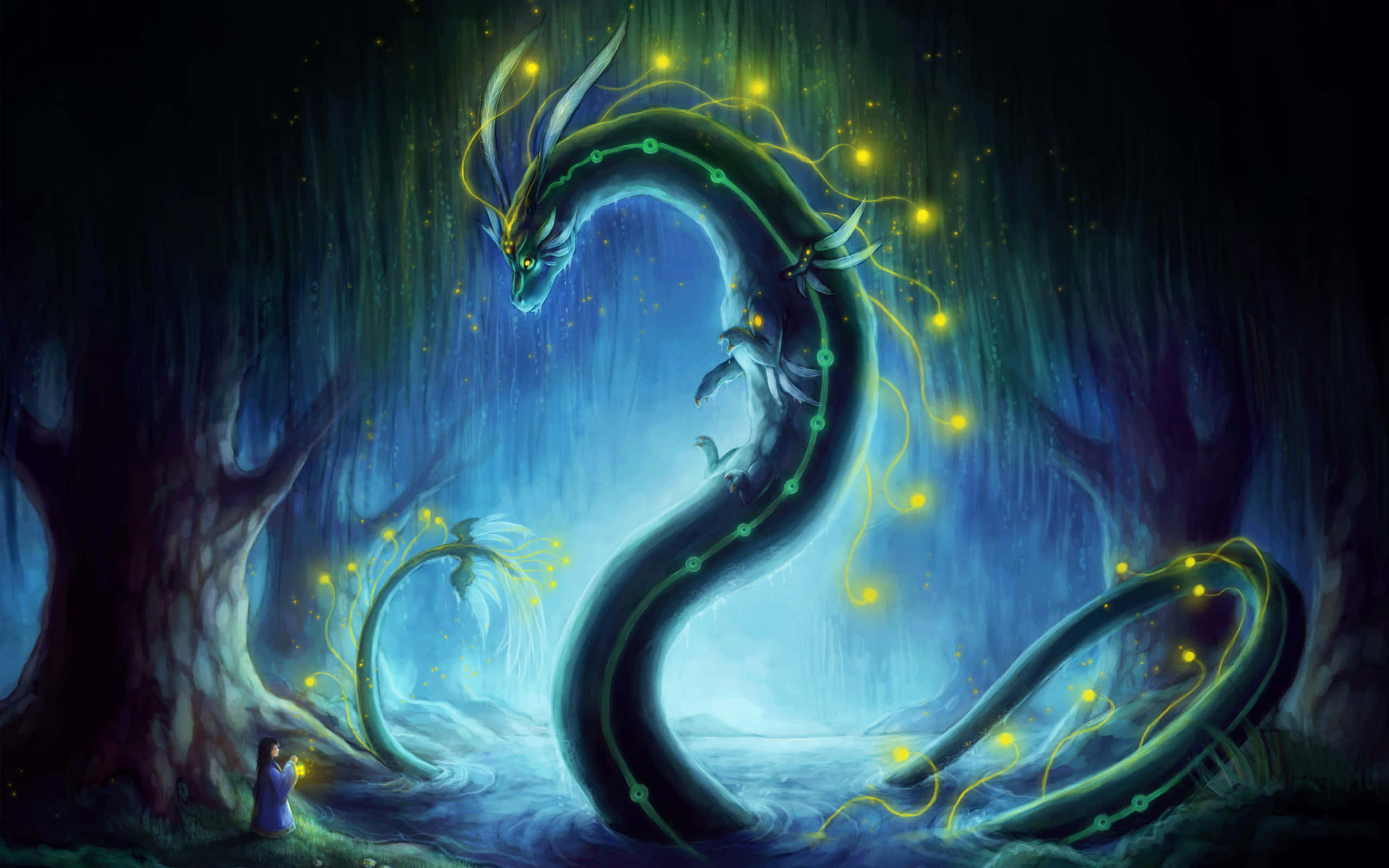Best Greek Mythology 桌布 壁紙 — 一條發光的藍色龍帶有黃色燈光，在神秘的森林中盤繞，一個小人影在附近提著燈籠。