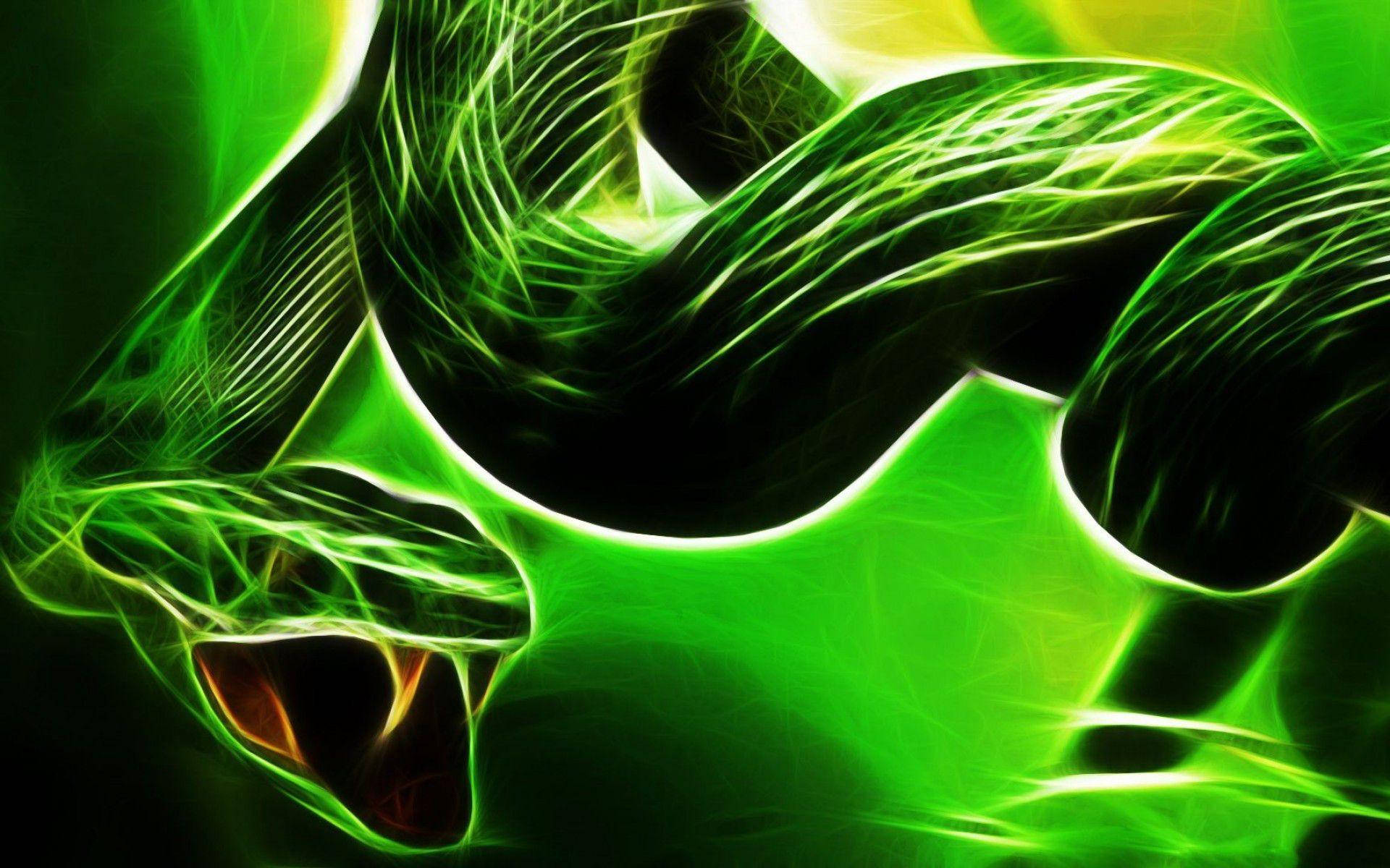 Digital 桌布 壁紙 — 一條發光的螢光綠色蛇在帶有電光條紋的黑暗背景上動態纏繞。