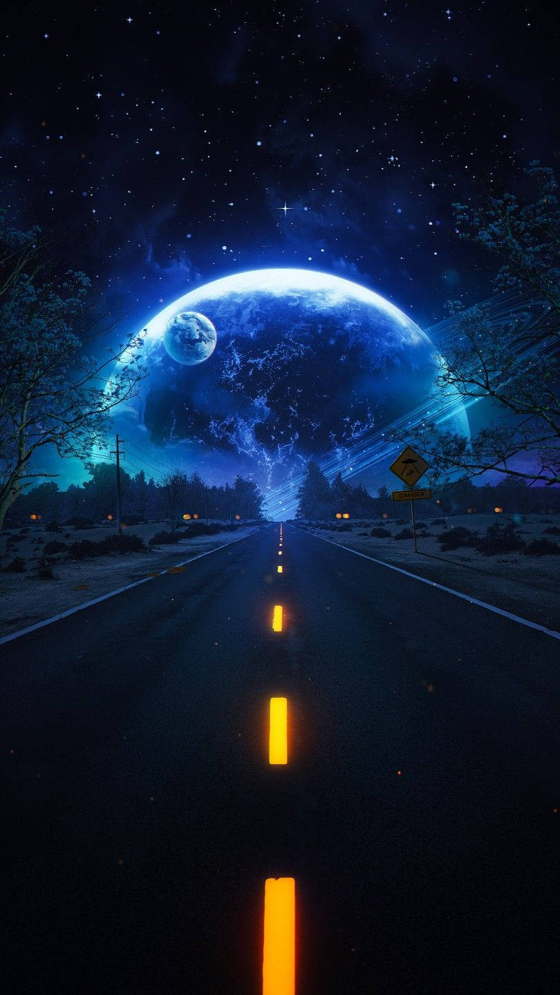霓虹月亮 桌布 壁紙 — 一條發光的道路延伸向一顆巨大的藍色行星和月亮，在繁星點點的夜空下。