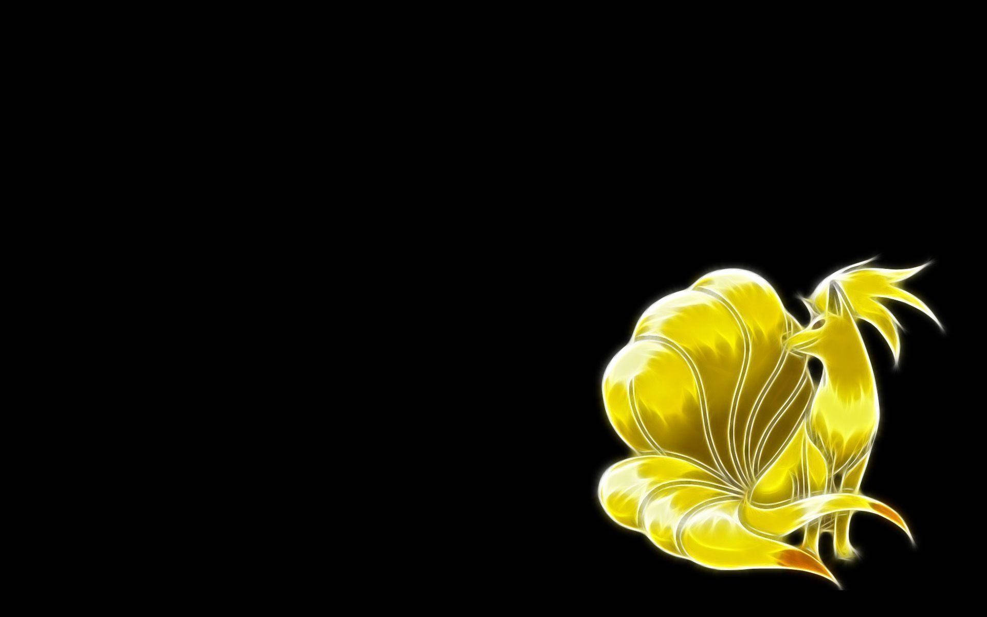 九尾狐 桌布 壁紙 — 一條發光的金色龍以風格化的姿勢盤繞在純黑背景上。