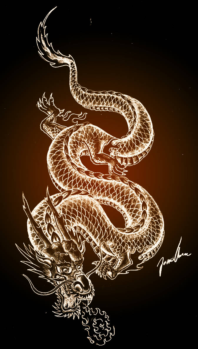 日式龍 桌布 壁紙 — 一條發光的金色龍在深色漸變背景上動態盤繞，鱗片精細，表情兇猛。