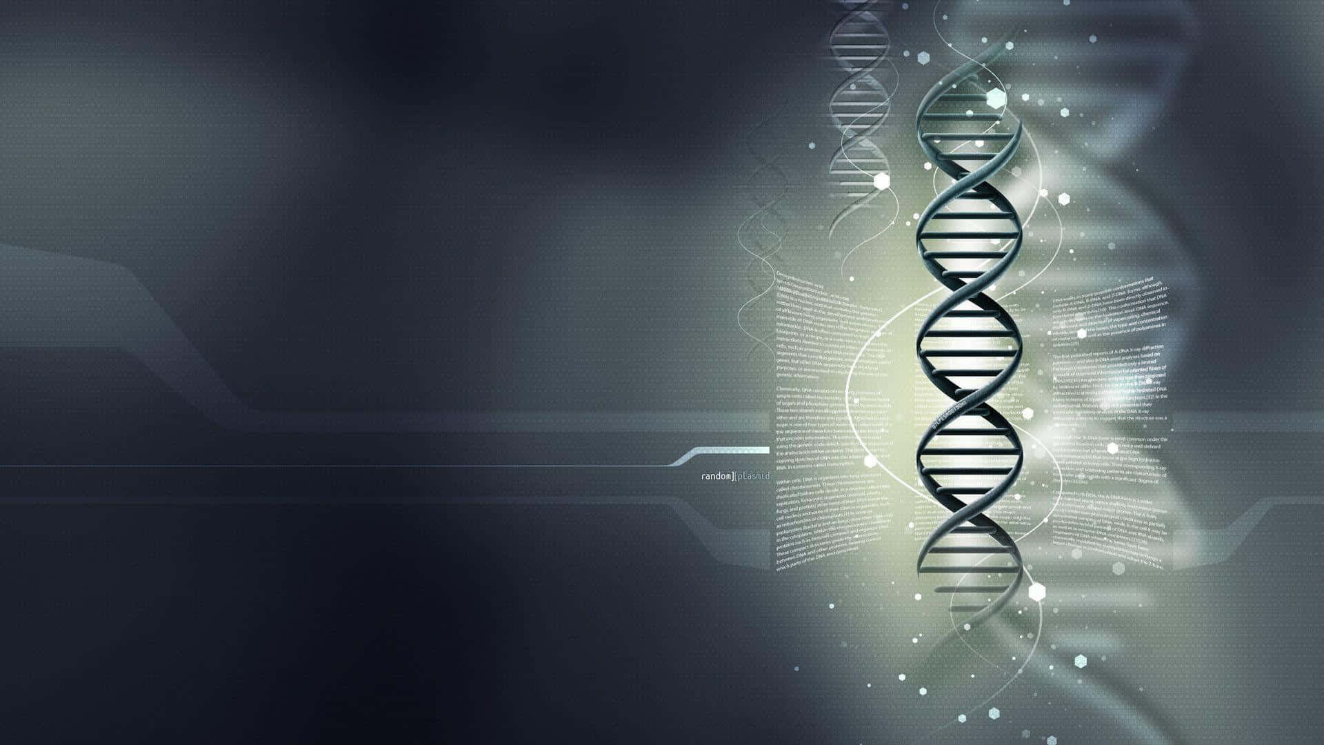 biology 桌布 壁紙 — 一條發光的雙螺旋DNA鏈穿過一個帶有浮動數據流和柔和光粒子的未來數位介面升起。