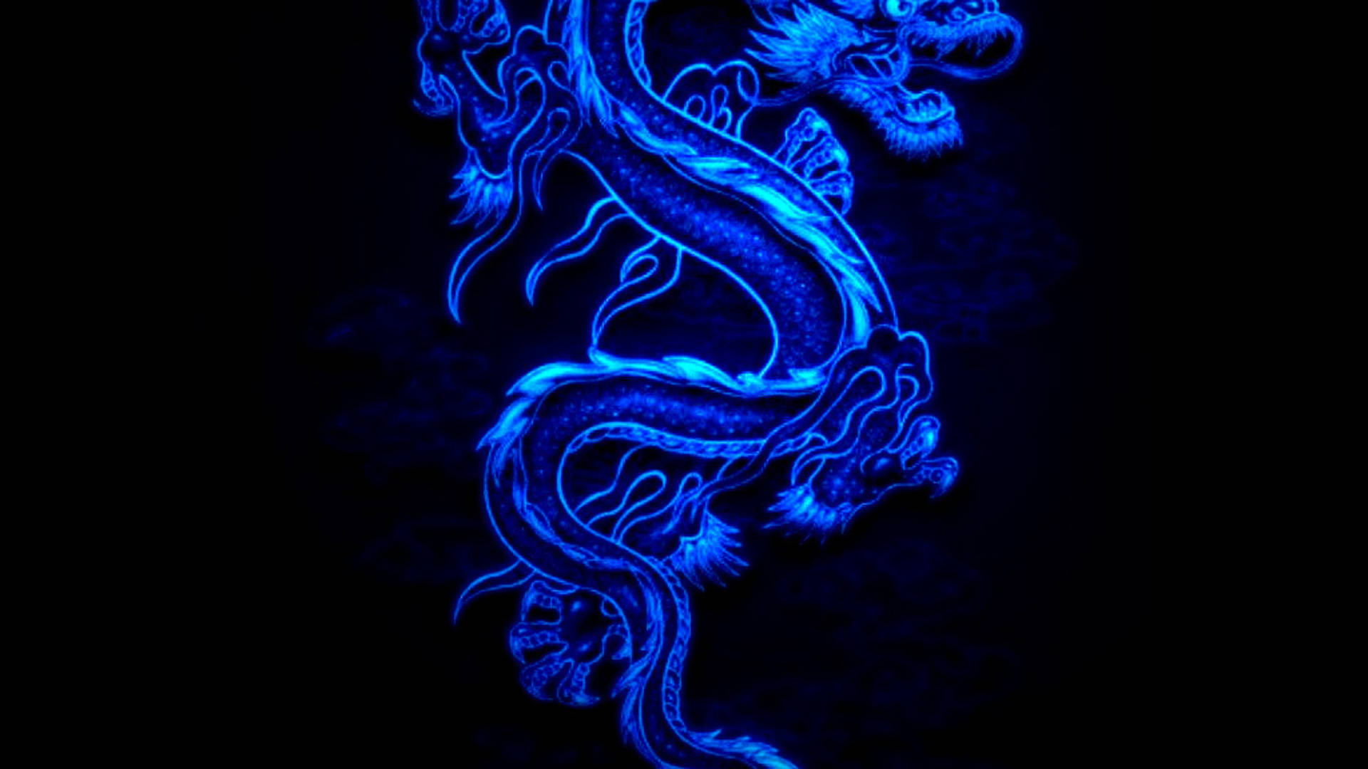 Flames 桌布 壁紙 — 一條發光的電光藍色龍在漆黑背景上動態盤繞，帶有精細的鱗片和飄逸的鬃毛。