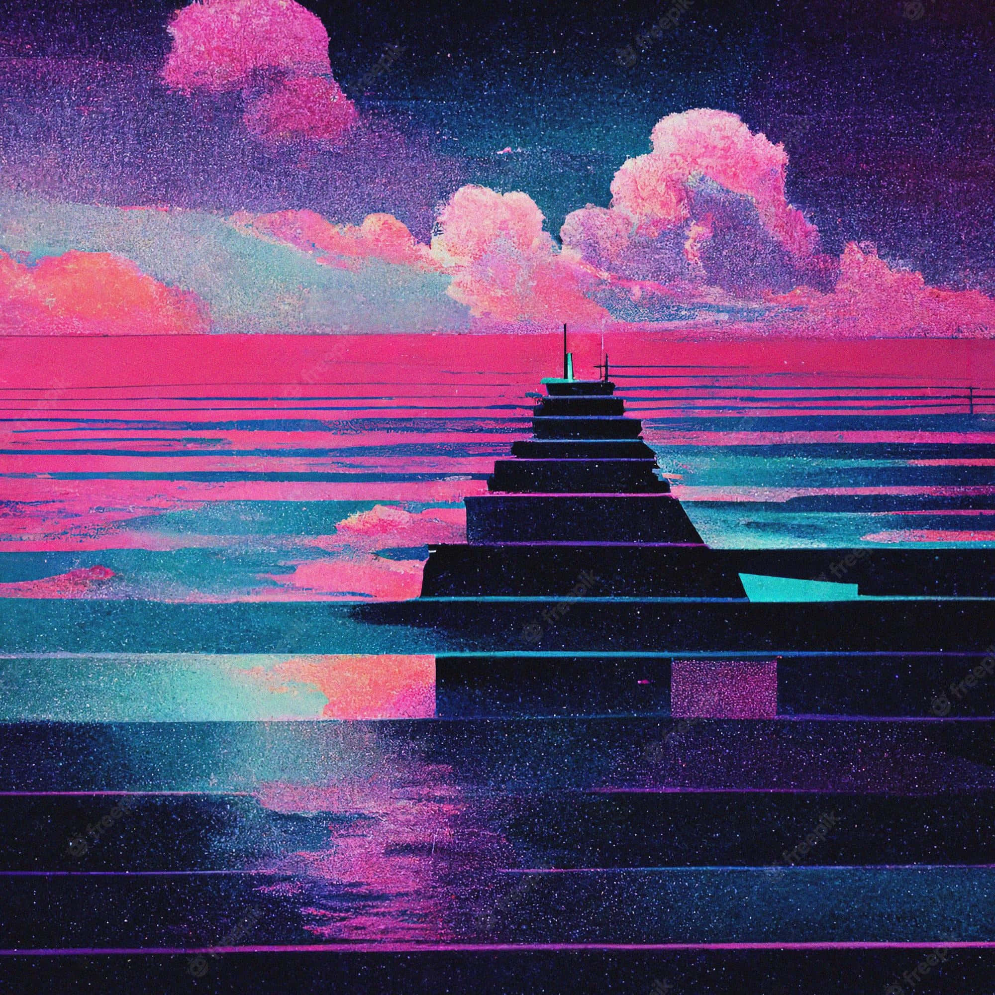 Retro Phone 桌布 壁紙 — 一條發光的霓虹燈碼頭延伸至星空海洋，在超現實的粉紅和紫色暮色天空下。