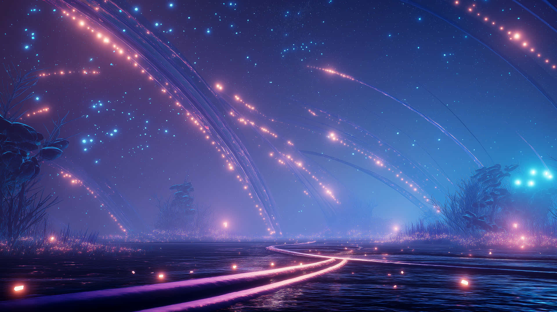 Enchanting Night Landscape with Cascading Light Trails 壁紙 — 一條發光的霓虹道路蜿蜒穿過霧氣瀰漫的田野，星空下帶有光跡。