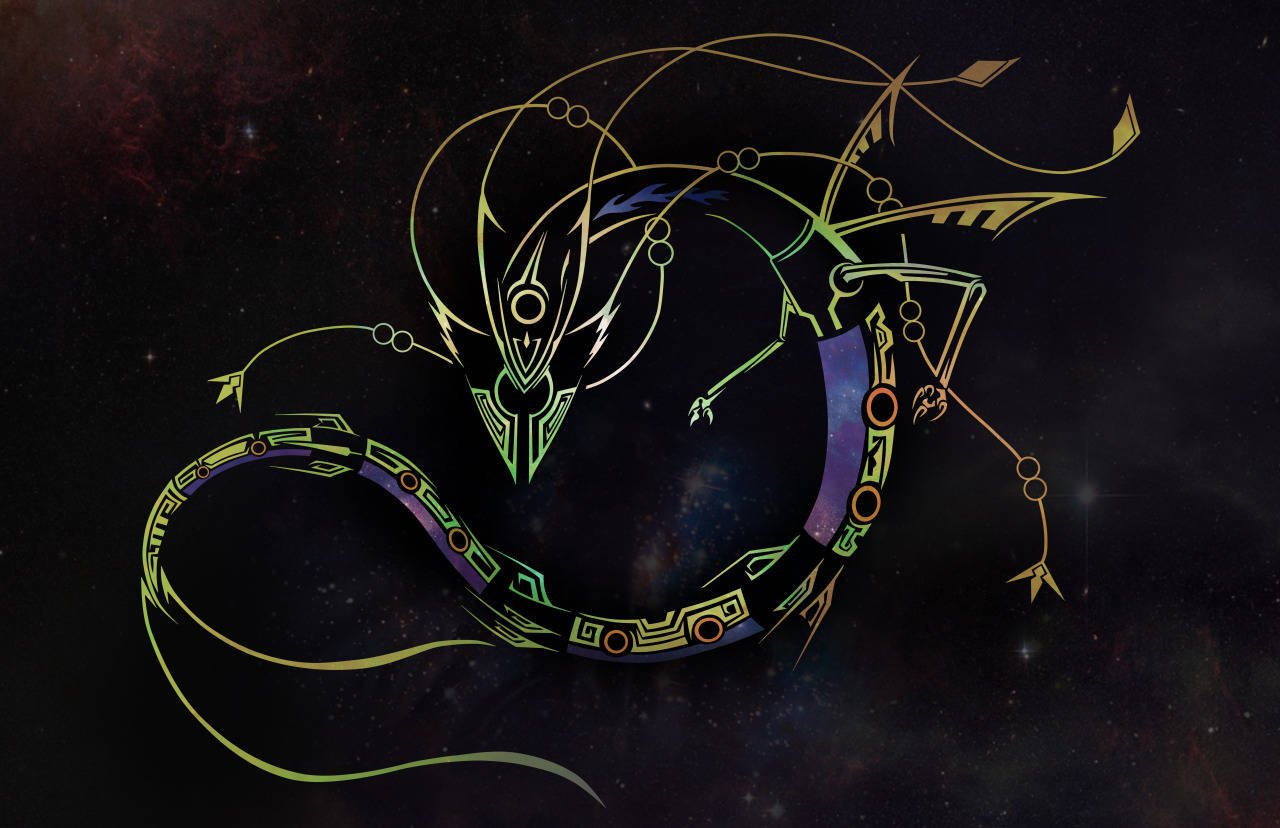 烈空坐 桌布 壁紙 — 一條發光的霓虹龍，帶有幾何圖案，在星塵宇宙虛空和旋轉星雲中滑翔。