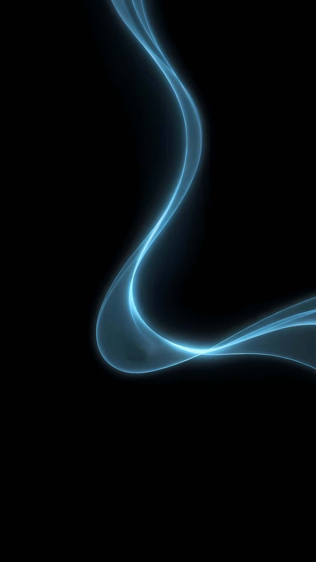 Abstract Blue Neon Smoke Wave on Black Background 壁紙 — 一條發光的青色光帶在純黑色背景上優雅地彎曲。