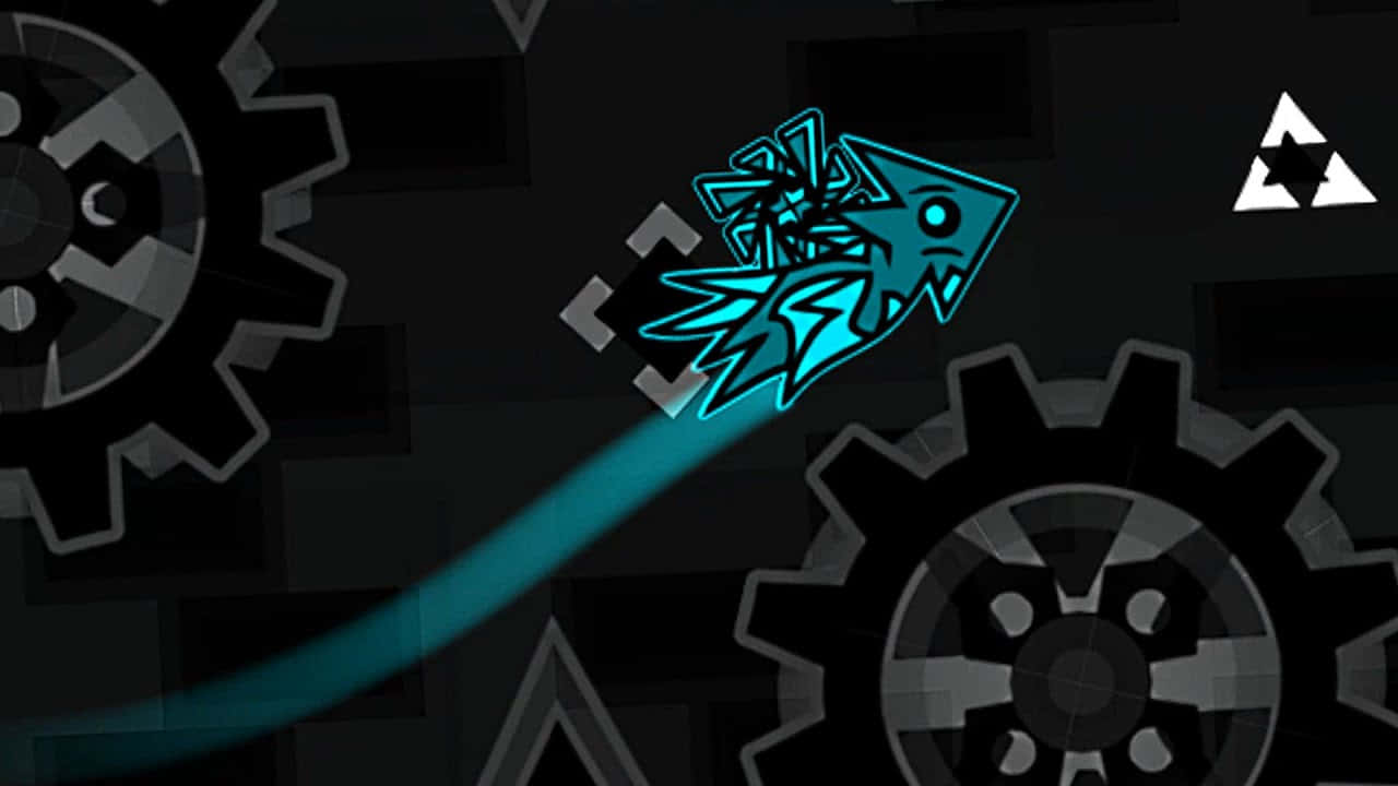 電玩遊戲 桌布 壁紙 — 一條發光的青色風格化魚，帶著光跡穿過黑暗的機械齒輪。