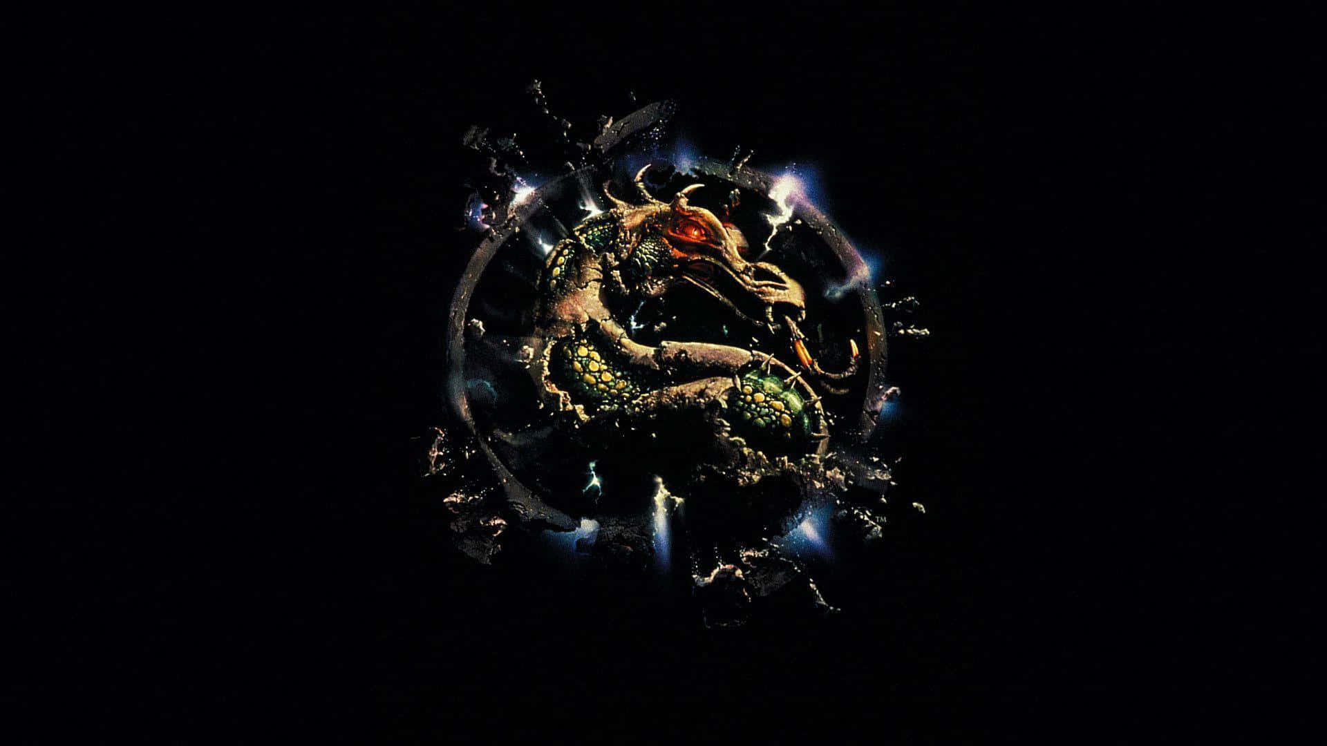 Mortal Kombat Annihilation 桌布 壁紙 — 一條發光的龍盤繞在圓形框架內，背景為黑色，帶有電光藍色火花。