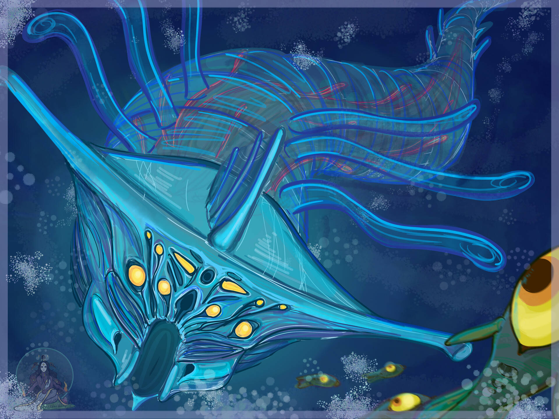 ghost leviathan 桌布 壁紙 — 一條發光藍色半透明帶黃色斑點的魔鬼魚在點綴著浮游顆粒和小魚的黑暗海洋中滑行。