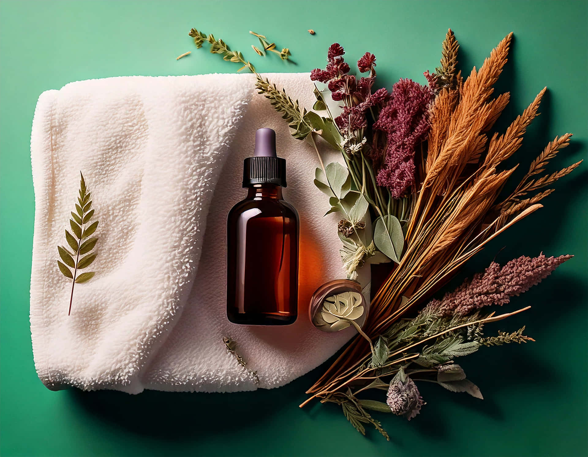 Essential Oil Bottle 壁紙 — 一條白色毛巾和琥珀色滴管瓶放在青綠色背景上的乾花和香草旁邊。