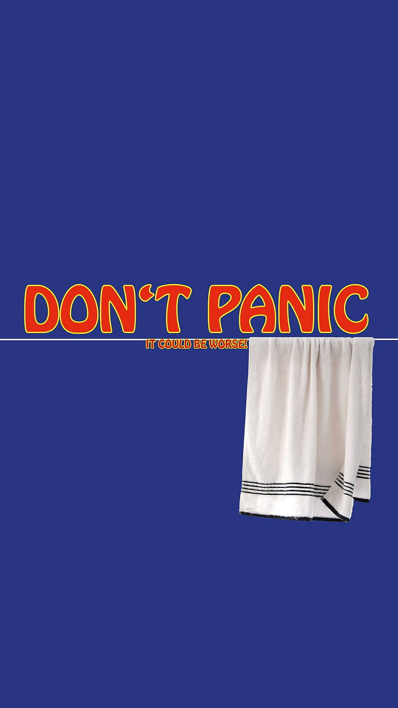 Panic 桌布 壁紙 — 一條白色毛巾掛在粗體橙色文字「DON'T PANIC」下方，背景為純藍色。