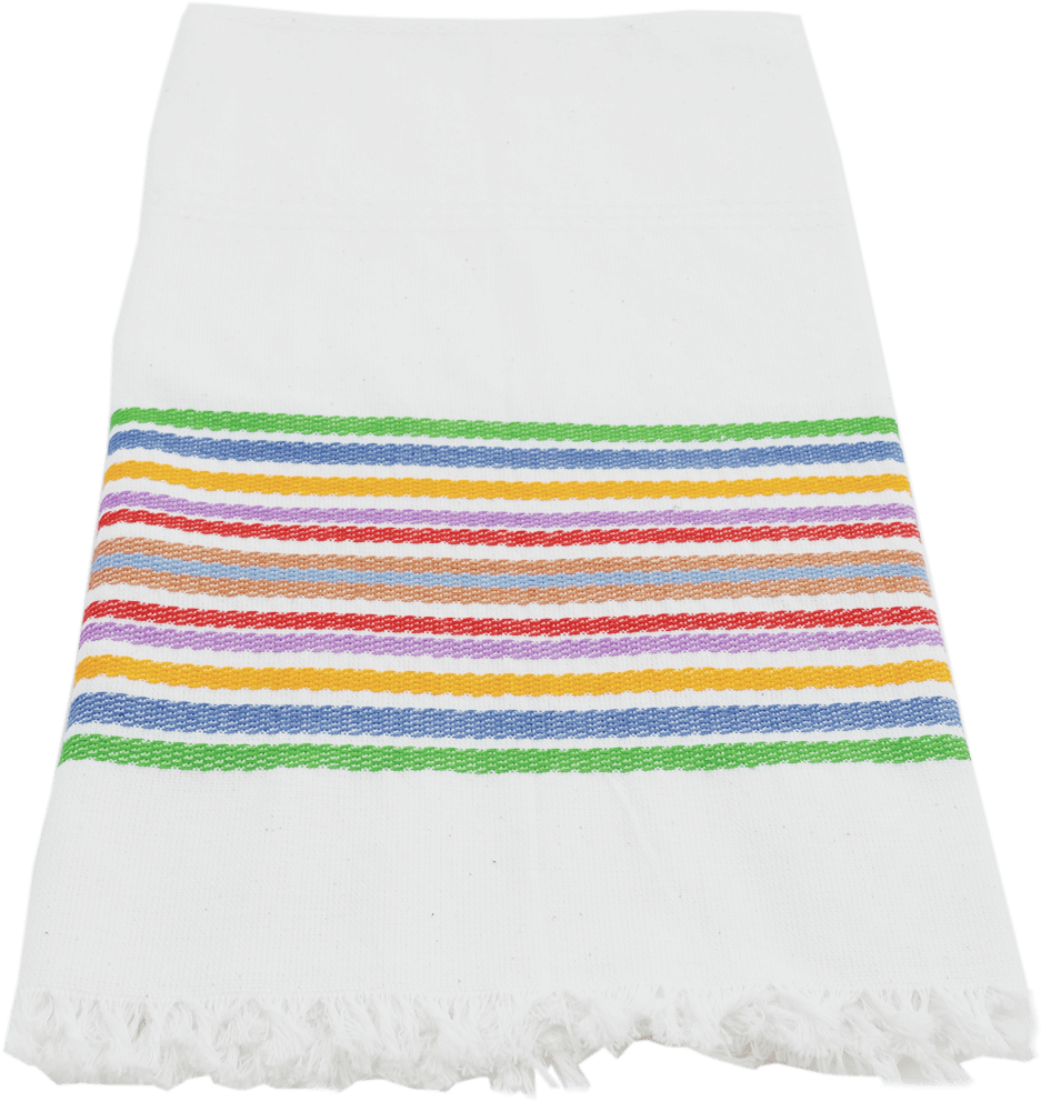 Towel 桌布 壁紙 — 一條白色編織毛巾，帶有彩色彩虹條紋和流蘇邊緣，平放在黑色背景上。