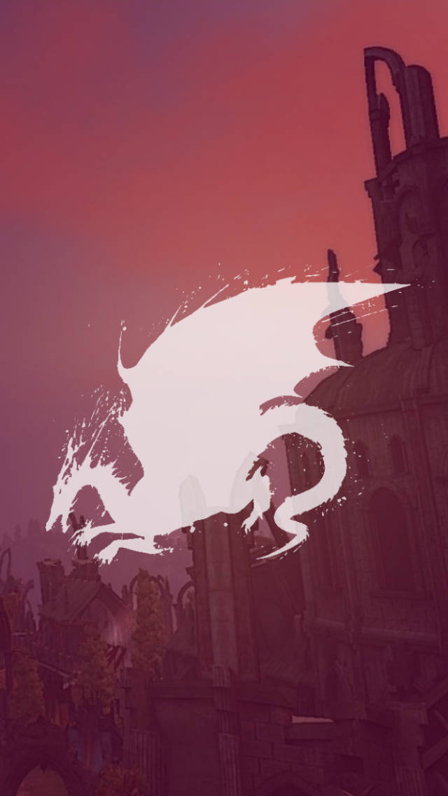 Dragon Age 桌布 壁紙 — 一條白色龍的剪影在深紅色的暮色天空下翱翔於哥德式廢墟之上。