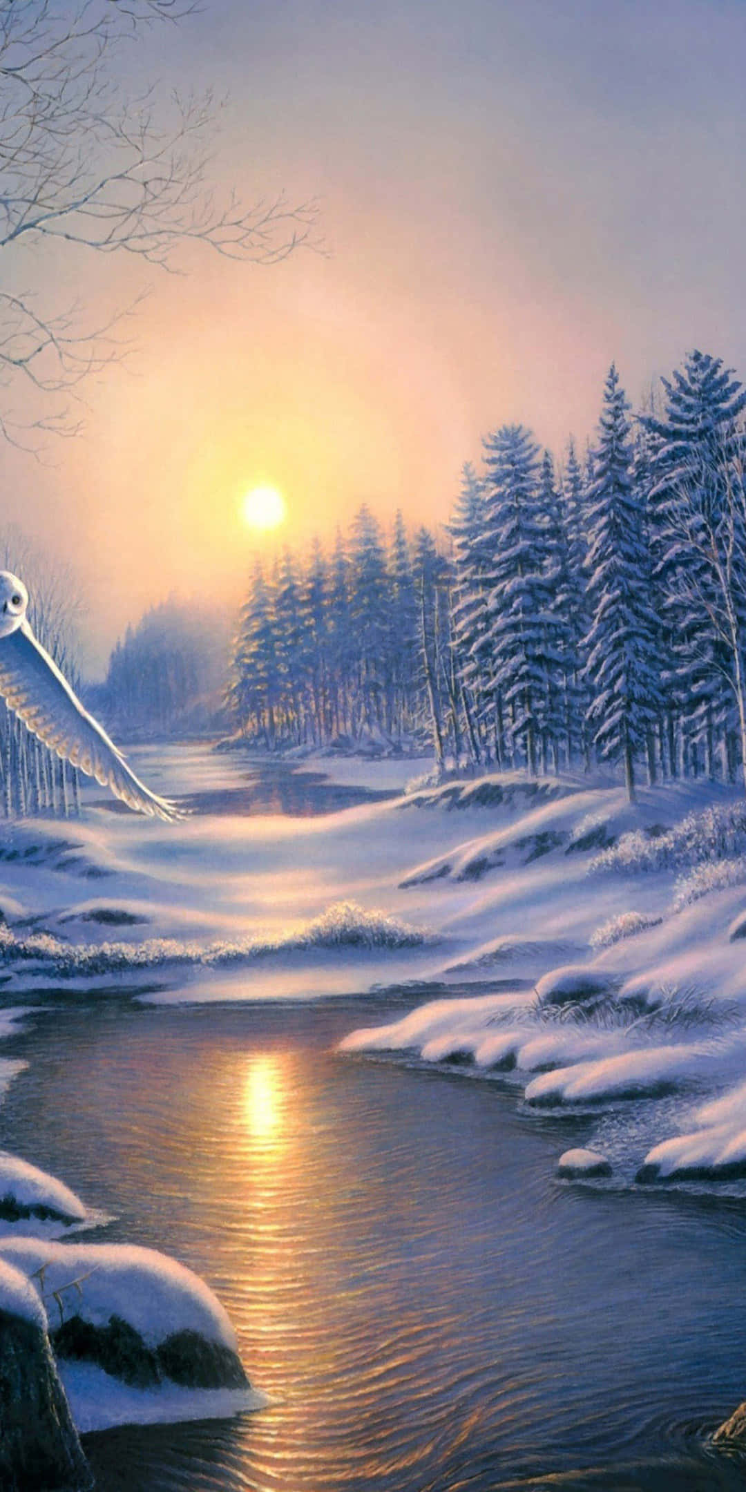自然 桌布 壁紙 — 一條白雪覆蓋的冬日河流在金色夕陽下閃耀，一隻白色貓頭鷹低飛過冰封的河岸。
