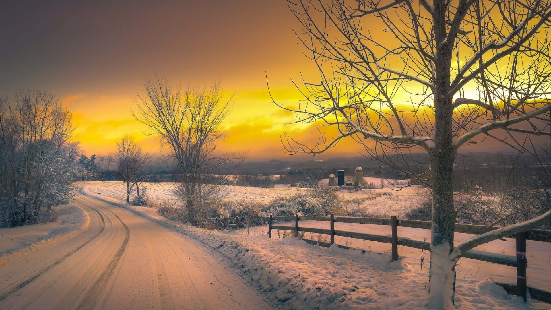 Winter Sun 桌布 壁紙 — 一條白雪覆蓋的蜿蜒道路穿過霜凍的冬季景觀，在充滿活力的橙色日落天空下。