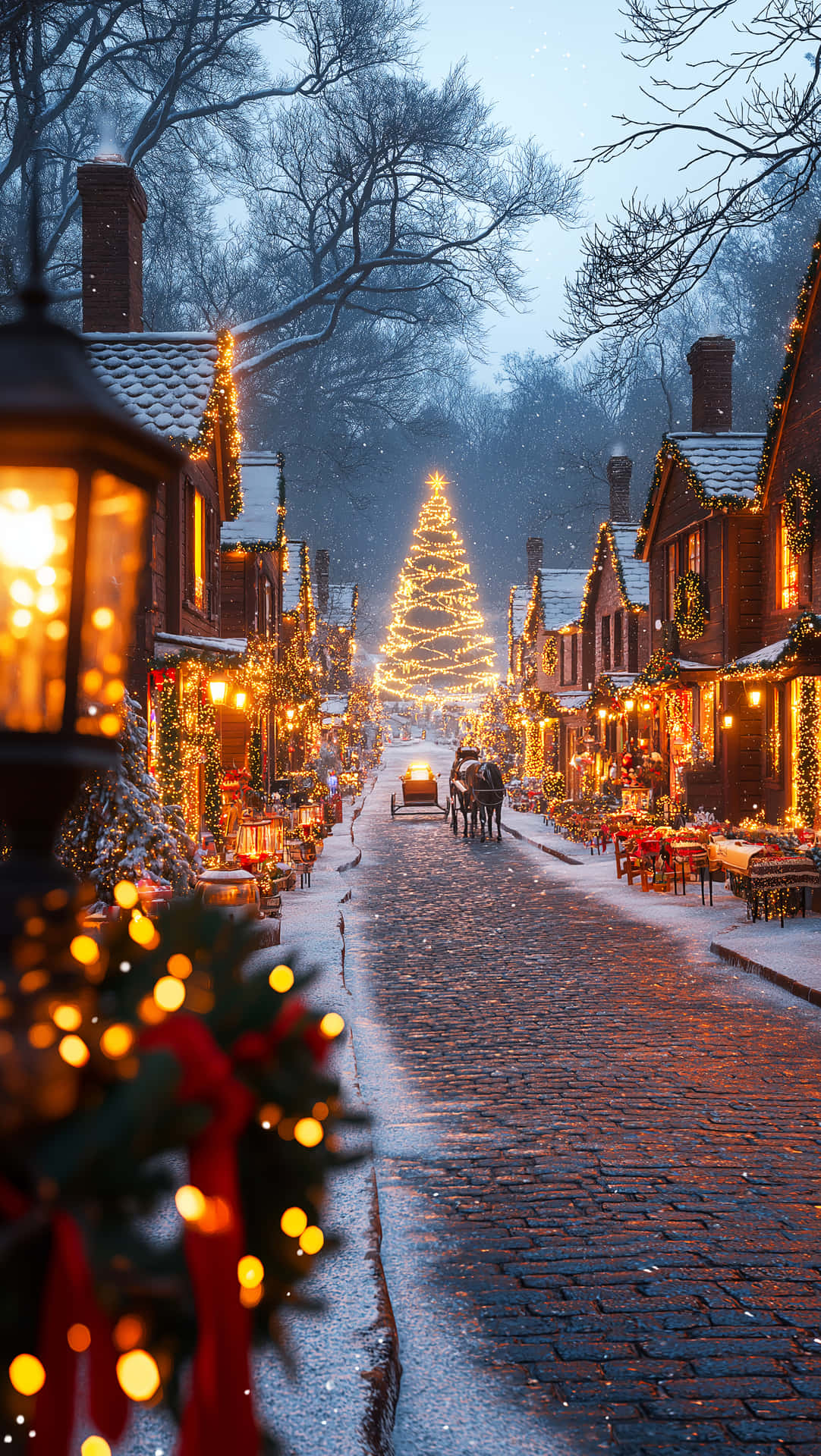 Christmas Wallpapers winter, snow 壁紙 — 一條白雪覆蓋的鵝卵石街道，兩旁是溫暖燈光的磚房和節日花環，通向暮色天空下高聳發光的聖誕樹。