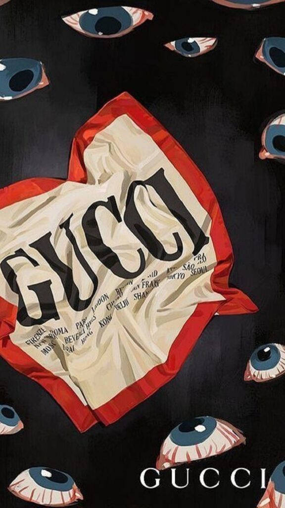 Gucci圍巾被漂浮的眼睛環繞，背景為深色。 — Gucci GIF 壁紙