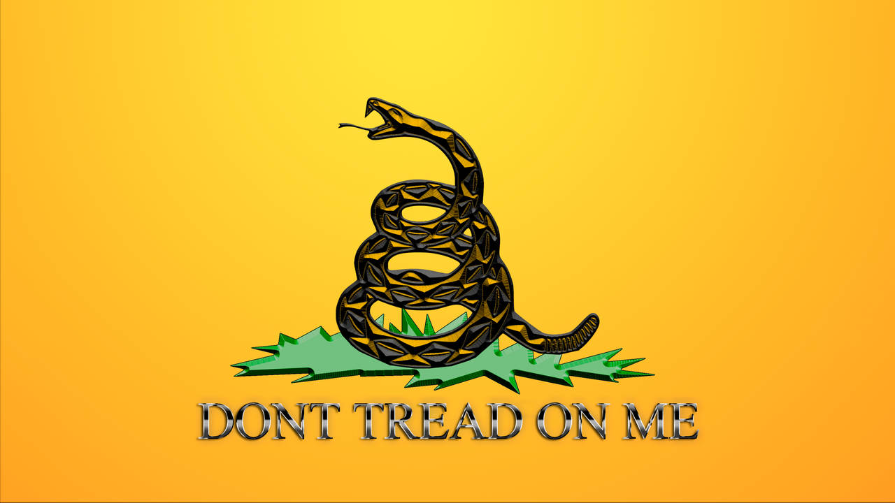 Flag 桌布 壁紙 — 一條盤繞在綠色草地上的黑黃色響尾蛇，背景為黃色漸變，下方有粗體文字。