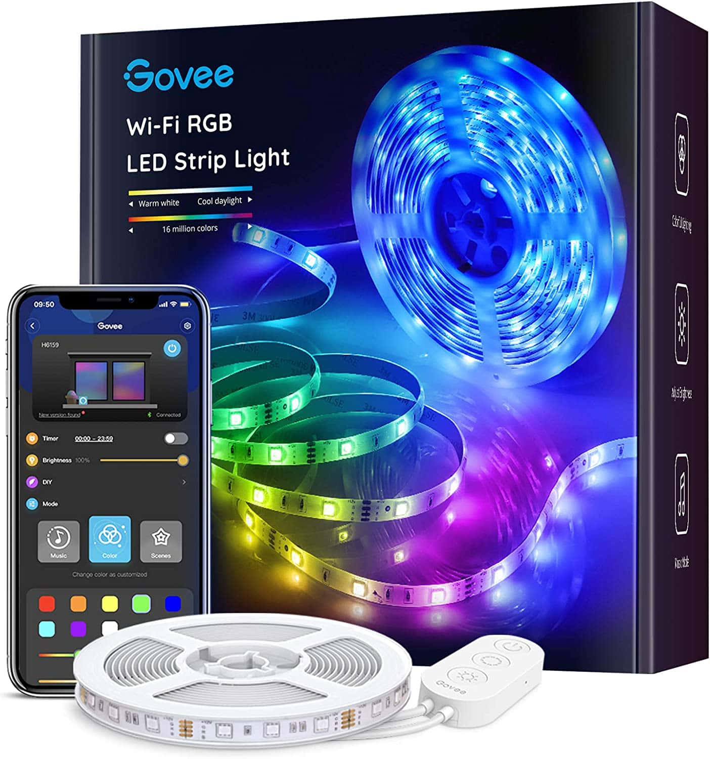 Led Light 桌布 壁紙 — 一條盤繞的Govee Wi-Fi RGB LED燈帶，發出鮮豔的藍色、綠色和紫色光芒，旁邊是其包裝和智慧型手機應用程式介面。