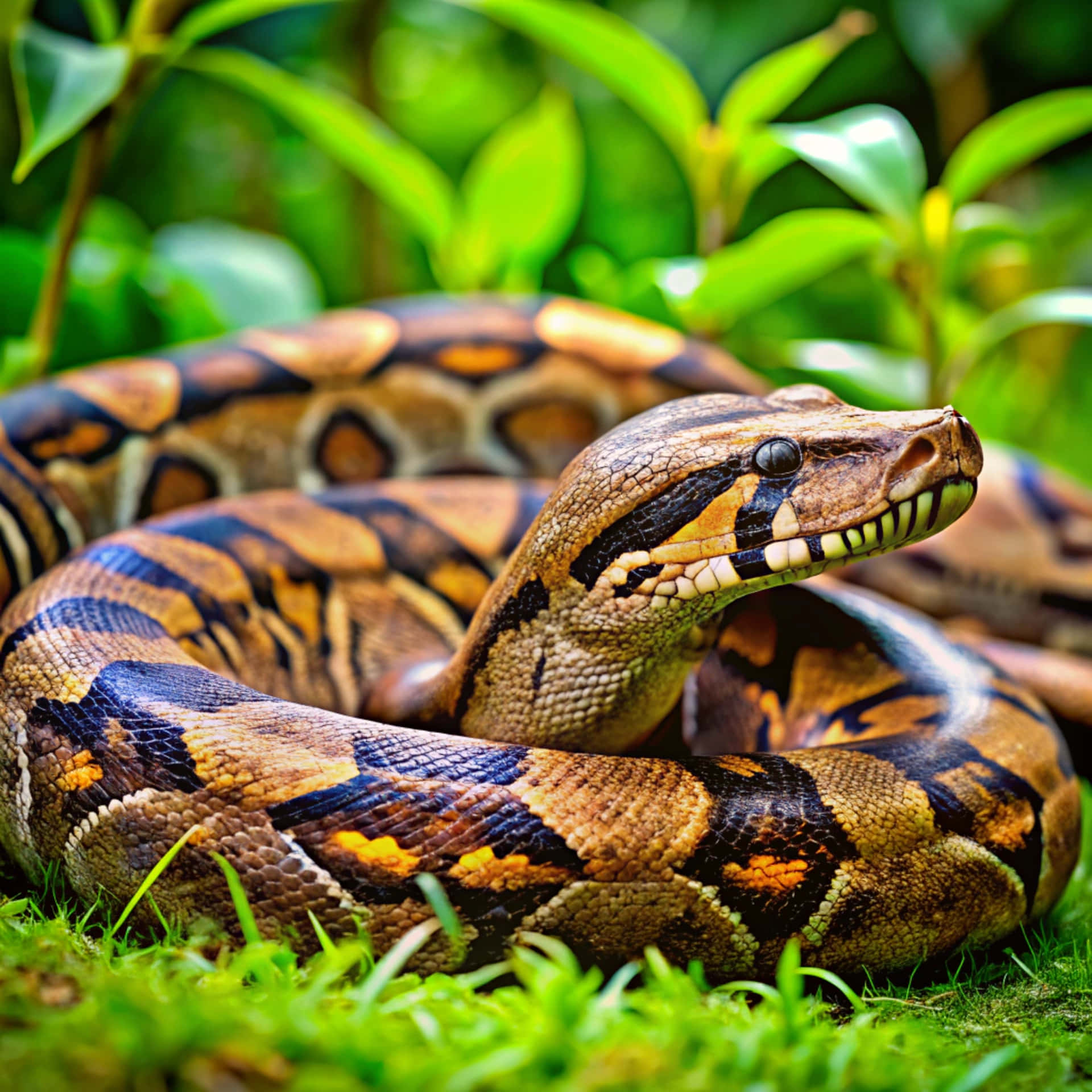 Boa constrictor 壁紙 — 一條盤繞的皇家蟒蛇的特寫，帶有複雜的棕色、橙色和黑色圖案，躺在充滿活力的綠色草地上，周圍是茂密的樹葉。