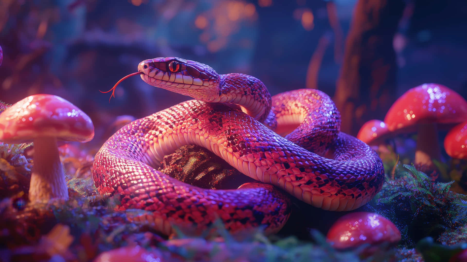 Vibrant Fantasy Snake Coiled Among Glowing Mushrooms in Enchanted Forest 壁紙 — 一條盤繞的紫粉紅色蛇，擁有發光的紅色眼睛和顫動的舌頭，在霓虹燈光沐浴的神秘森林中，棲息在鮮紅色的蘑菇之間。