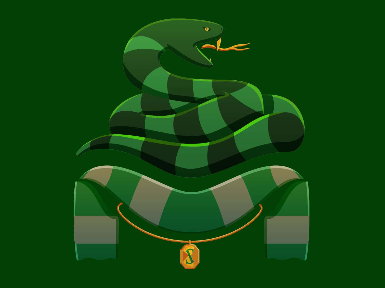 Cute Slytherin 桌布 壁紙 — 一條盤繞的綠色和黑色條紋蛇，在深綠色背景上，戴著一條帶有金色 'S' 吊墜的相配圍巾。