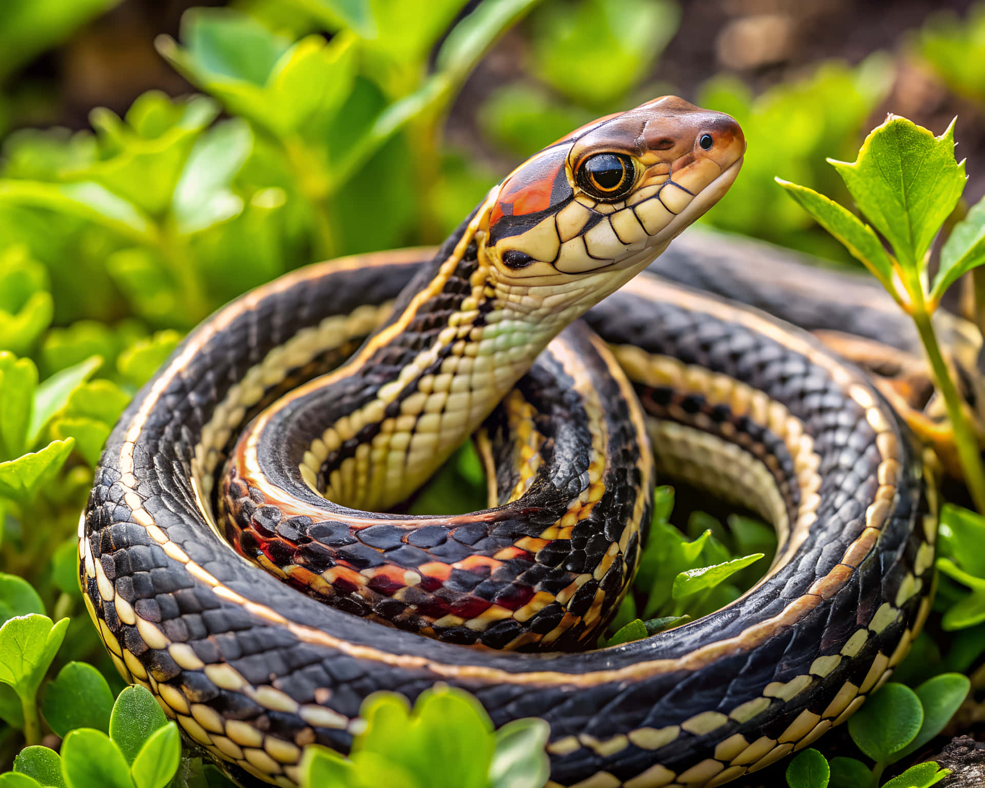 Snake in nature 壁紙 — 一條盤繞的襪帶蛇，帶有黑色、黃色和橙色條紋，在鮮綠的樹葉中休息。