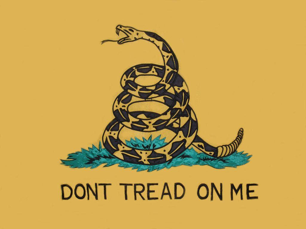 Flag 桌布 壁紙 — 一條盤繞的響尾蛇，帶有黑色和黃色圖案鱗片，站在綠色草地上，背景是芥末黃色，下方有粗體文字。
