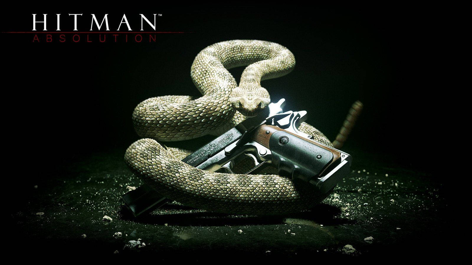 Hitman Absolution 桌布 壁紙 — 一條盤繞的響尾蛇纏繞著一把手槍，背景是黑暗粗糙的，並帶有「Hitman Absolution」文字。