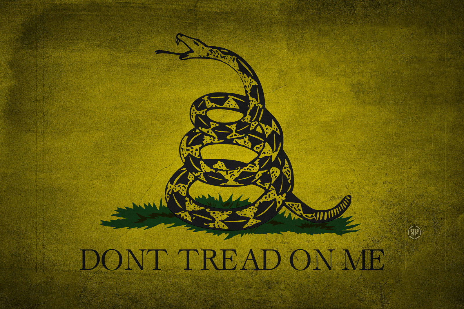 Flag 桌布 壁紙 — 一條盤繞的黑色響尾蛇張開嘴巴露出毒牙，站在綠色草地上，背景是帶紋理的黃色，下方有粗體文字寫著 don't tread on me。