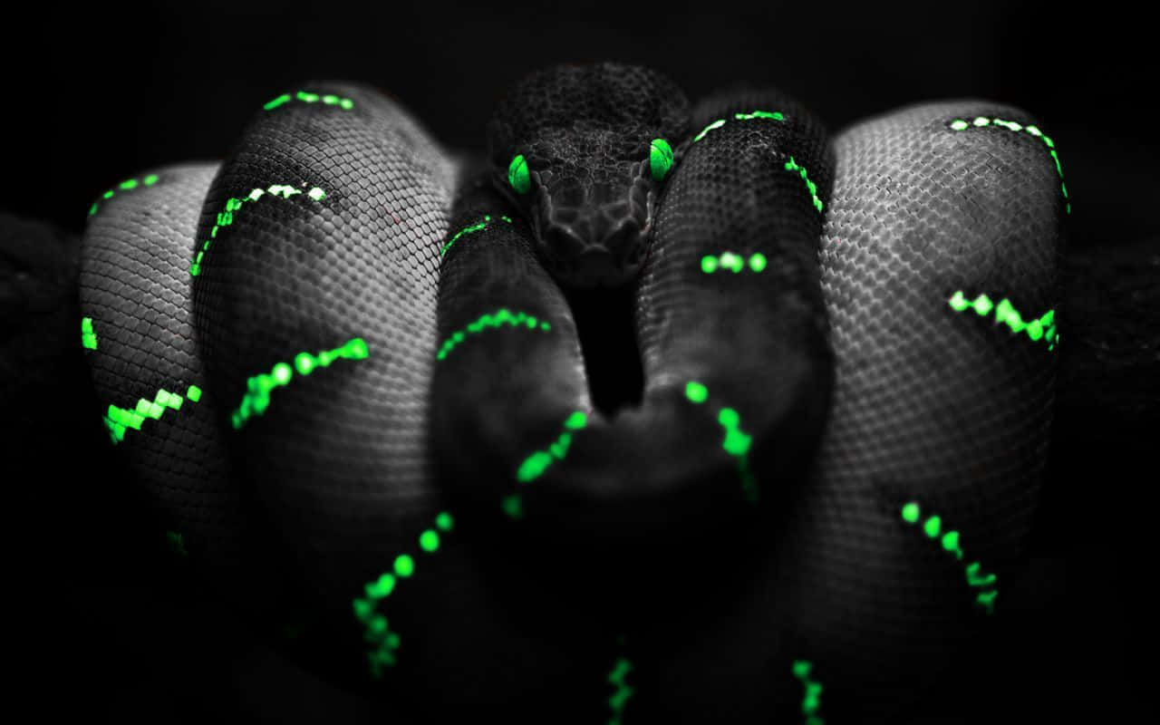 Scary Snake 桌布 壁紙 — 一條盤繞的黑蛇，有著發光的綠色眼睛和像素化的綠色斑紋，在黑暗的背景下強烈地凝視著。