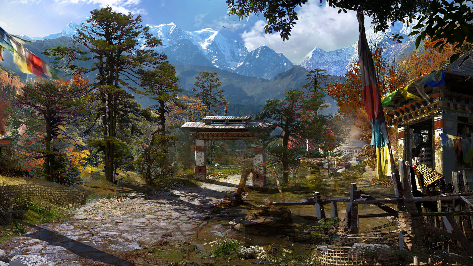 1920x1080 Far Cry 4 桌布 壁紙 — 一條石徑蜿蜒穿過充滿活力的秋日山谷，通往一座傳統大門，背後聳立著積雪覆蓋的山峰。