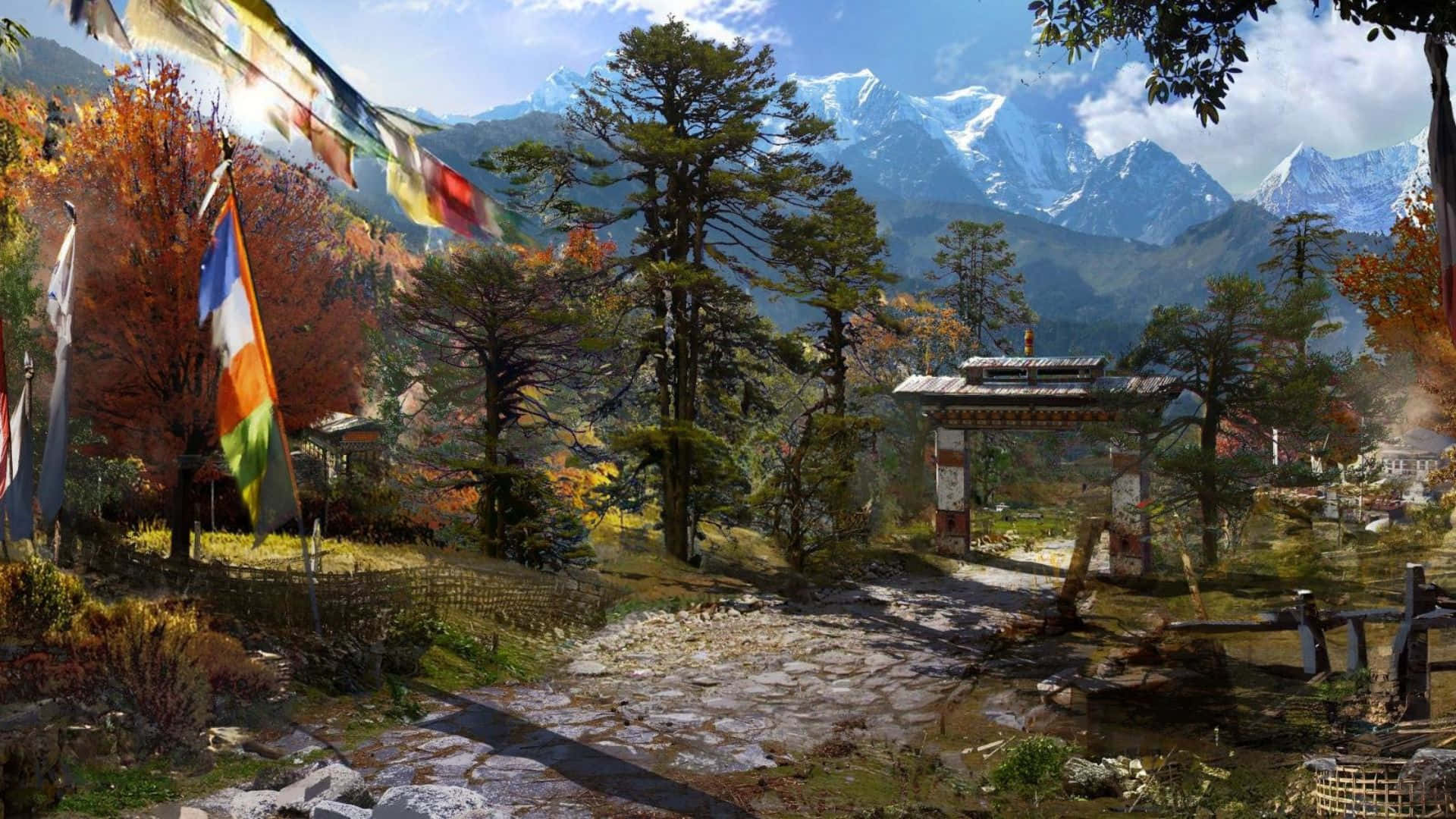 電玩遊戲 桌布 壁紙 — 一條石徑蜿蜒穿過秋日樹林，通往一座背後有雪峰聳立的山門。