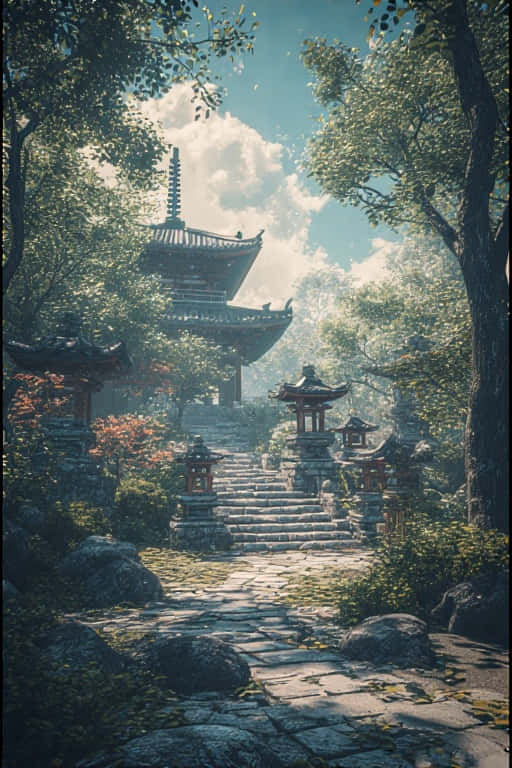 Peaceful Zen Garden with Stone Lanterns Minimalist 4K 壁紙 — 一條石徑蜿蜒穿過茂密的綠樹，通往一座傳統的多層寶塔，上方是晴朗的藍天和蓬鬆的白雲。
