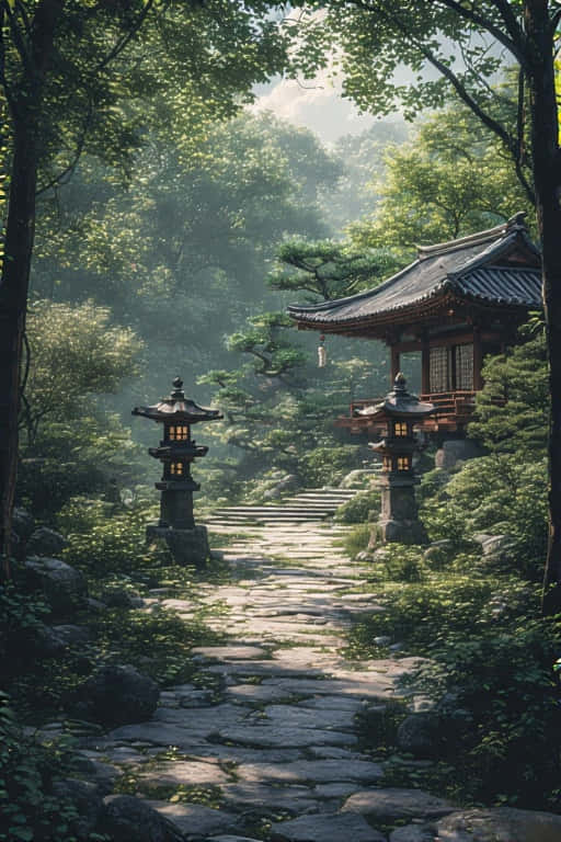 Peaceful Zen Garden with Stone Lanterns Minimalist 4K 壁紙 — 一條石徑蜿蜒穿過霧氣瀰漫的森林，通往一座傳統日本亭閣，兩旁有發光的燈籠。